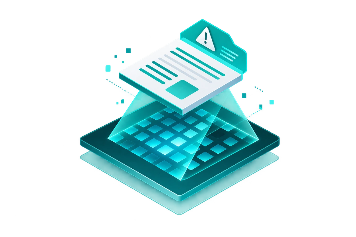 Abstract turquoise illustration of a file with a warning symbol above an analysis surface