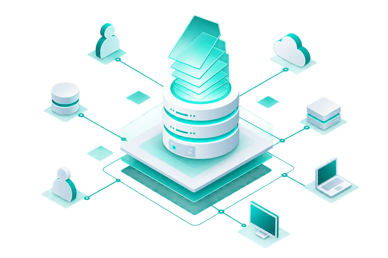 Abstract turquoise illustration of a central storage platform connected to users and systems
