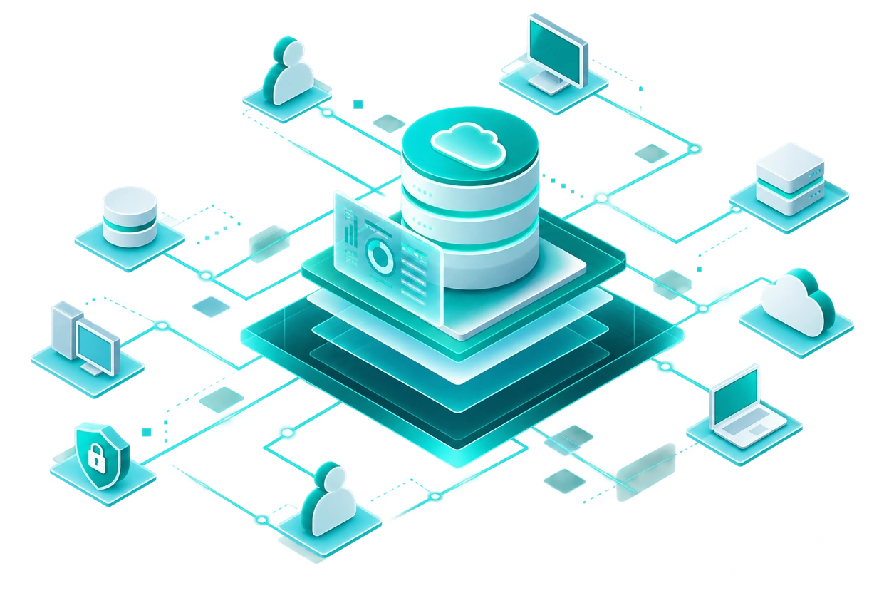 Abstract illustration of a connected cloud storage platform with users and devices