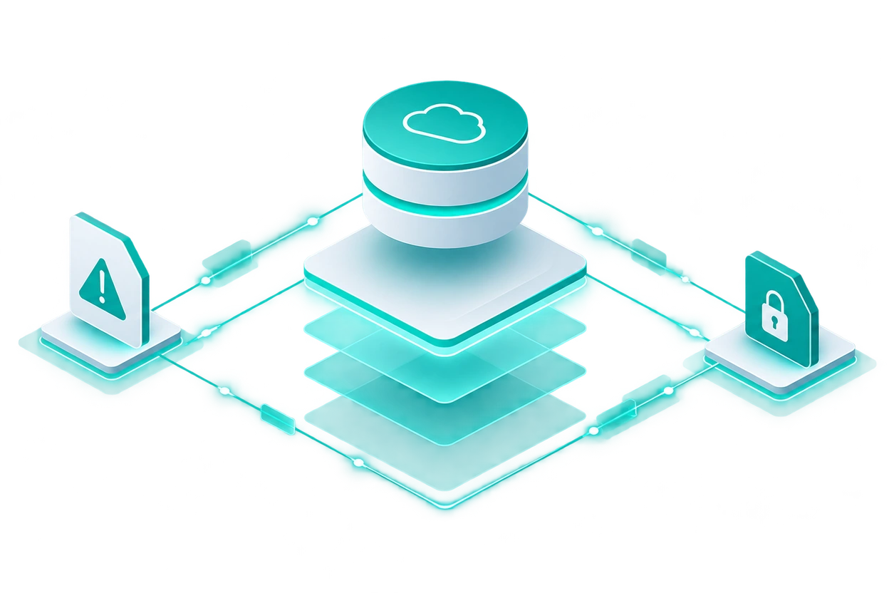 Abstract illustration of cloud storage between warning and protection symbols