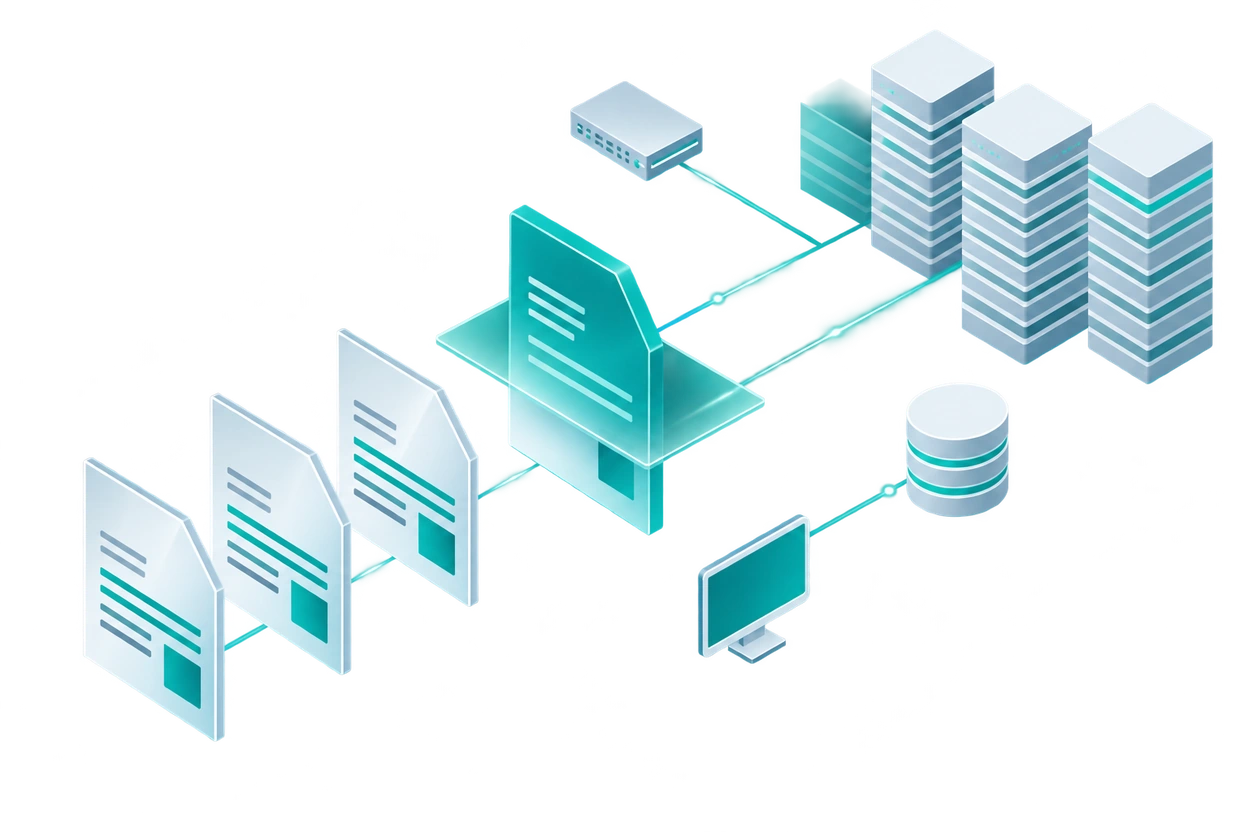 Abstract illustration of a filtered document flow between files, a gateway and storage