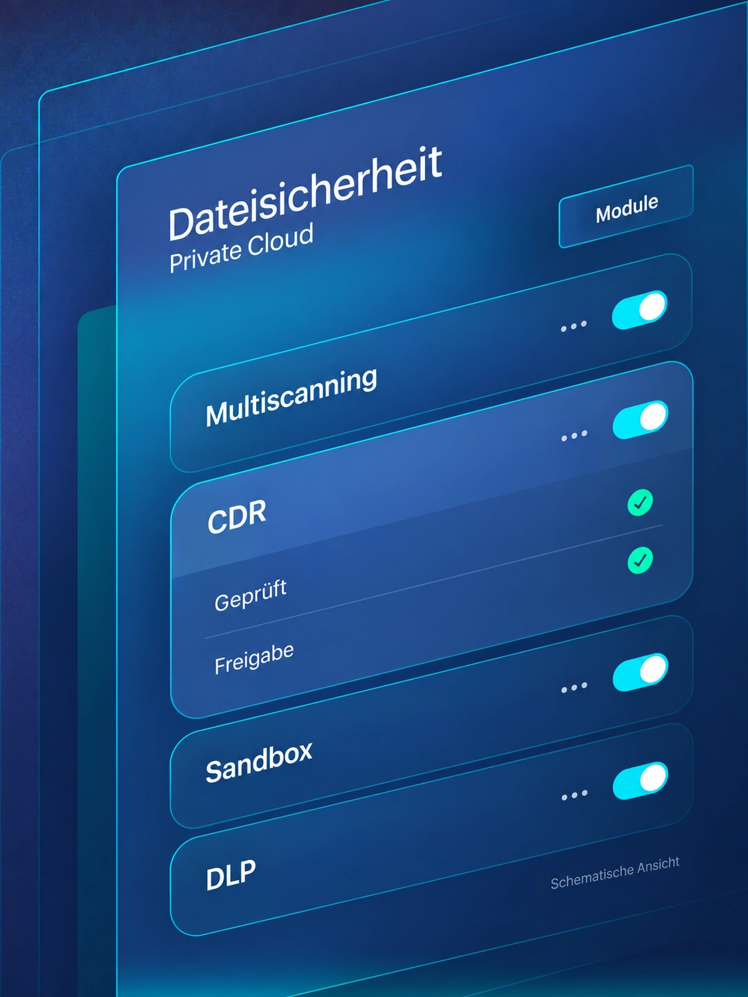 Schematische Modulübersicht einer privaten Cloud für industrielle Dateiprüfung