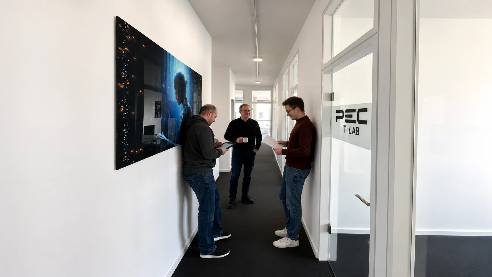 Corridor at the PEC IT Lab Bremen with colleagues in discussion